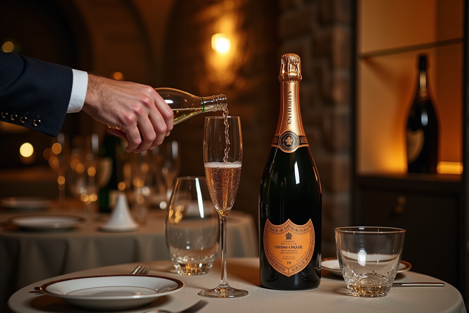 Bouteille de Mumm Cordon Rouge Champagne sur une table élégante dans un cellier luxueux