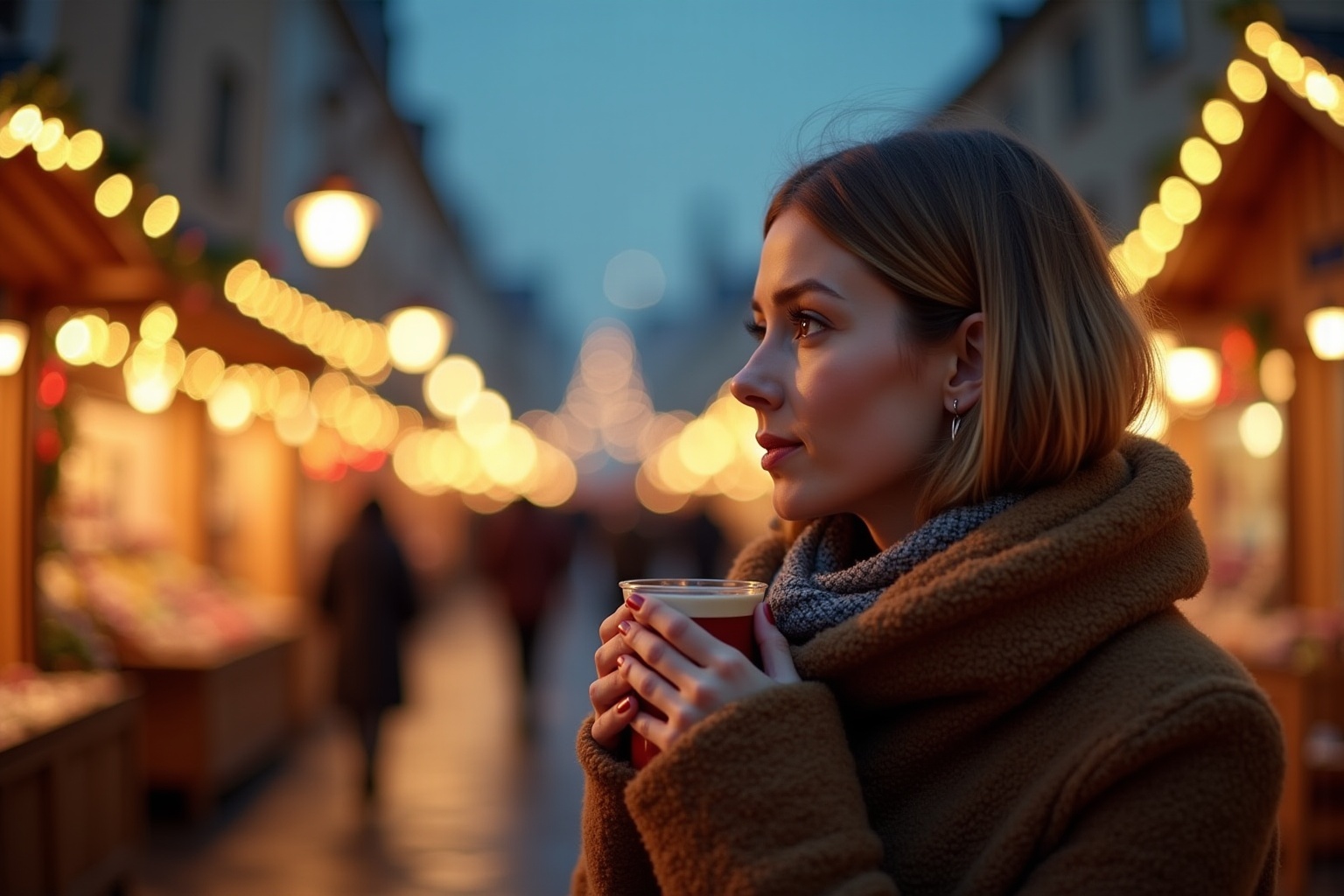 Marché de Noël de Reims, femme élégante tenant un mug de vin chaud parmi les stands en bois et les décorations de Noël.