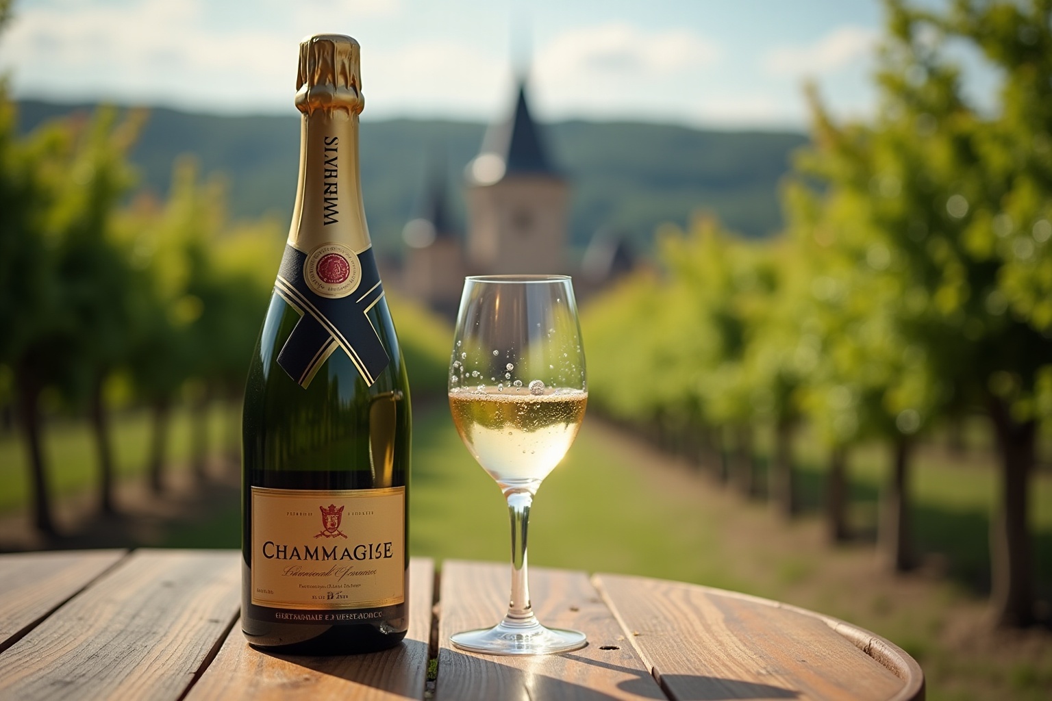 Bouteille de champagne avec vignes et châteaux en région Champagne, vin français de luxe