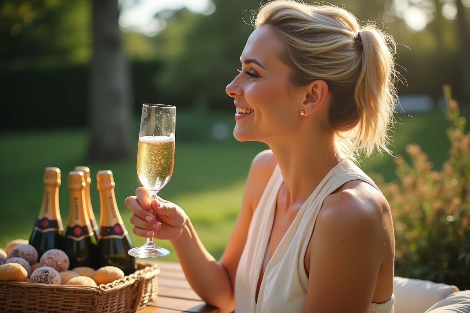Femme élégante dégustant du champagne dans un jardin français
