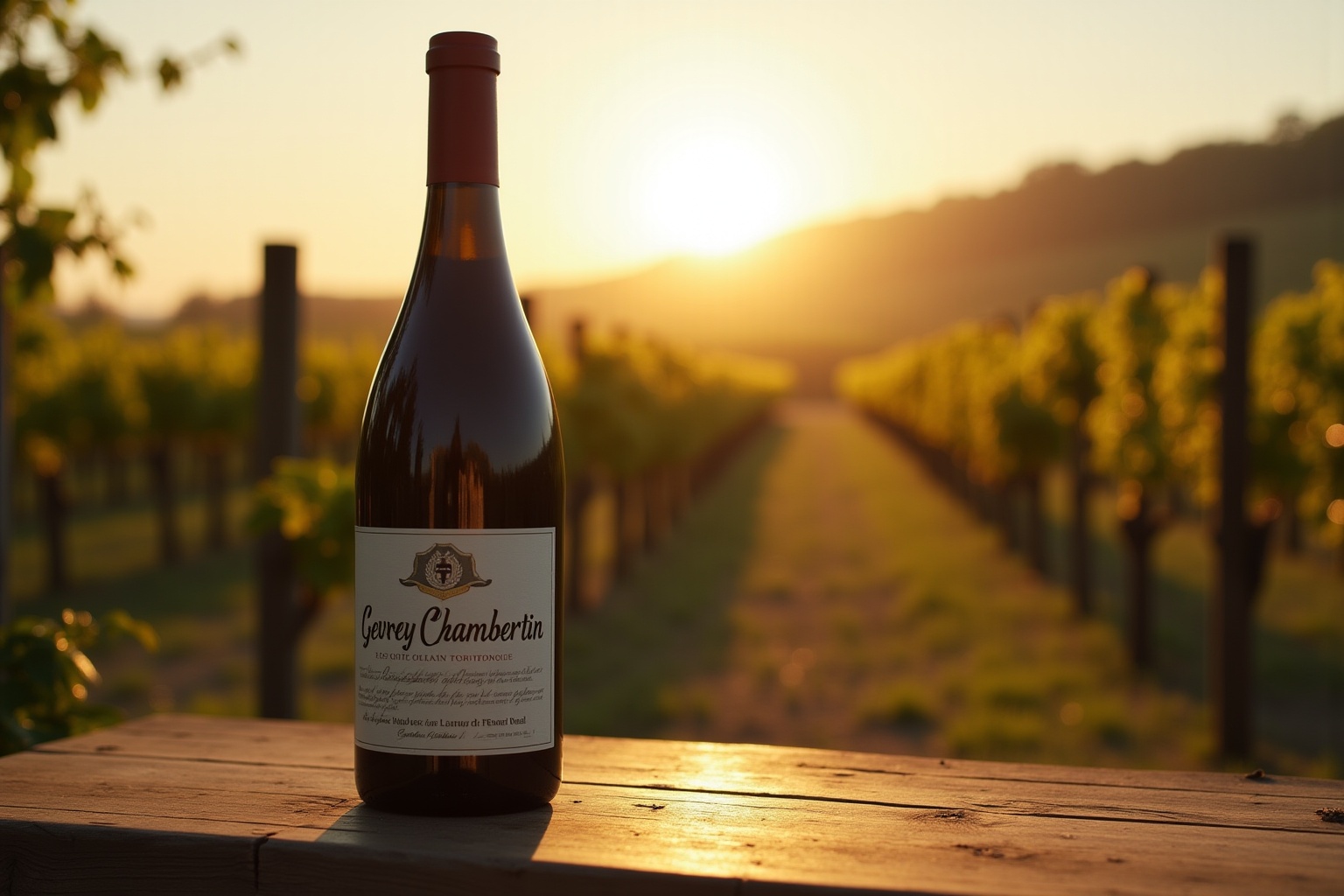 Bouteille de vin Gevrey Chambertin sur une table en bois avec un vignoble en arrière-plan.