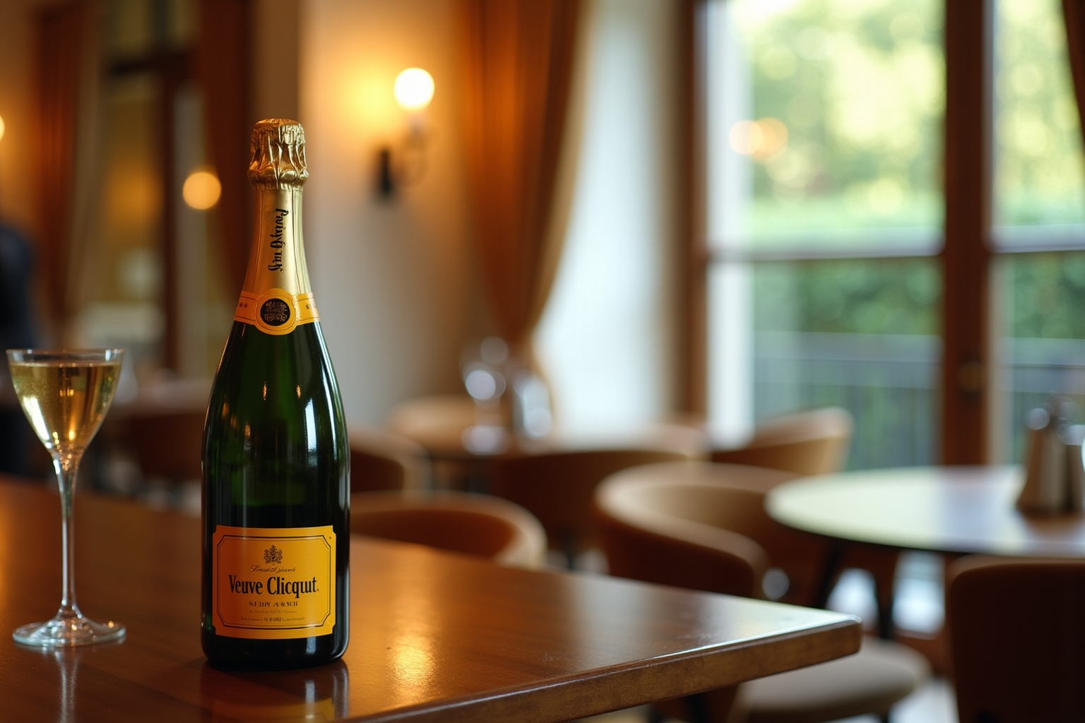 Bouteille de Veuve Clicquot Yellow Label sur un comptoir en bois dans un cadre luxueux.