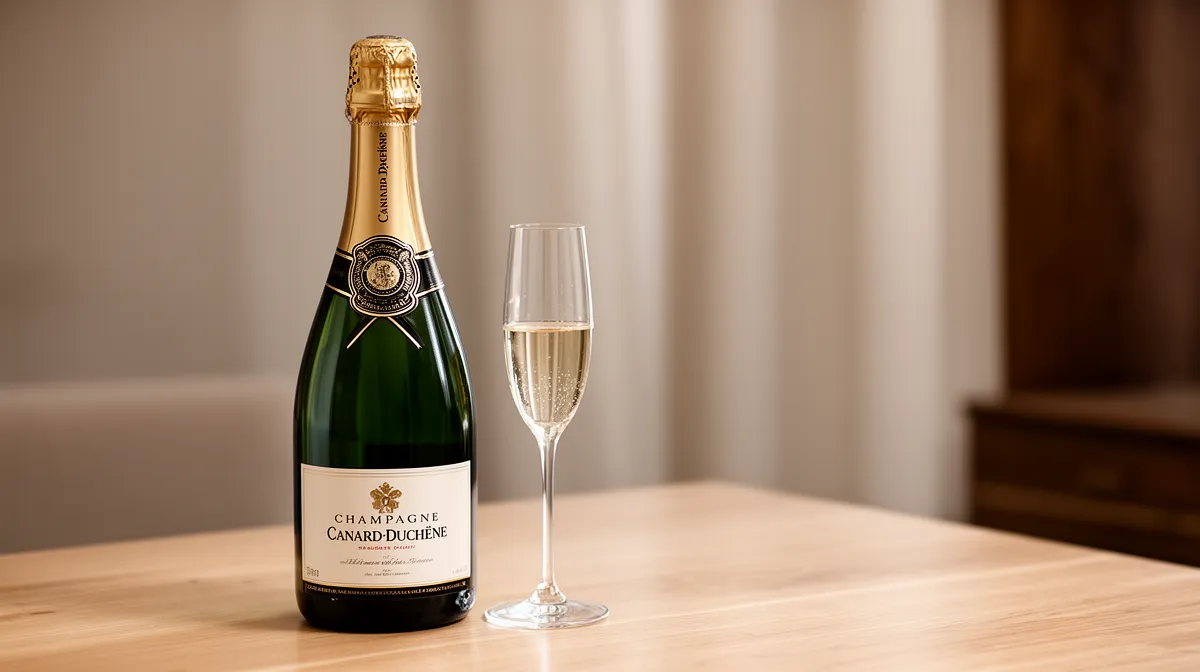 Bouteille de champagne Canard-Duchêne sur une table en bois clair avec un verre à champagne.