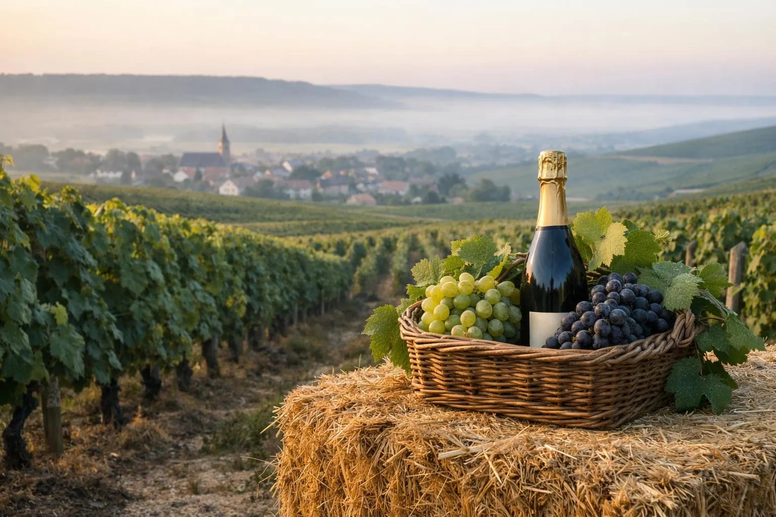 Vignes de la Marne, champagne histoire, bouteille posée sur un panier en osier