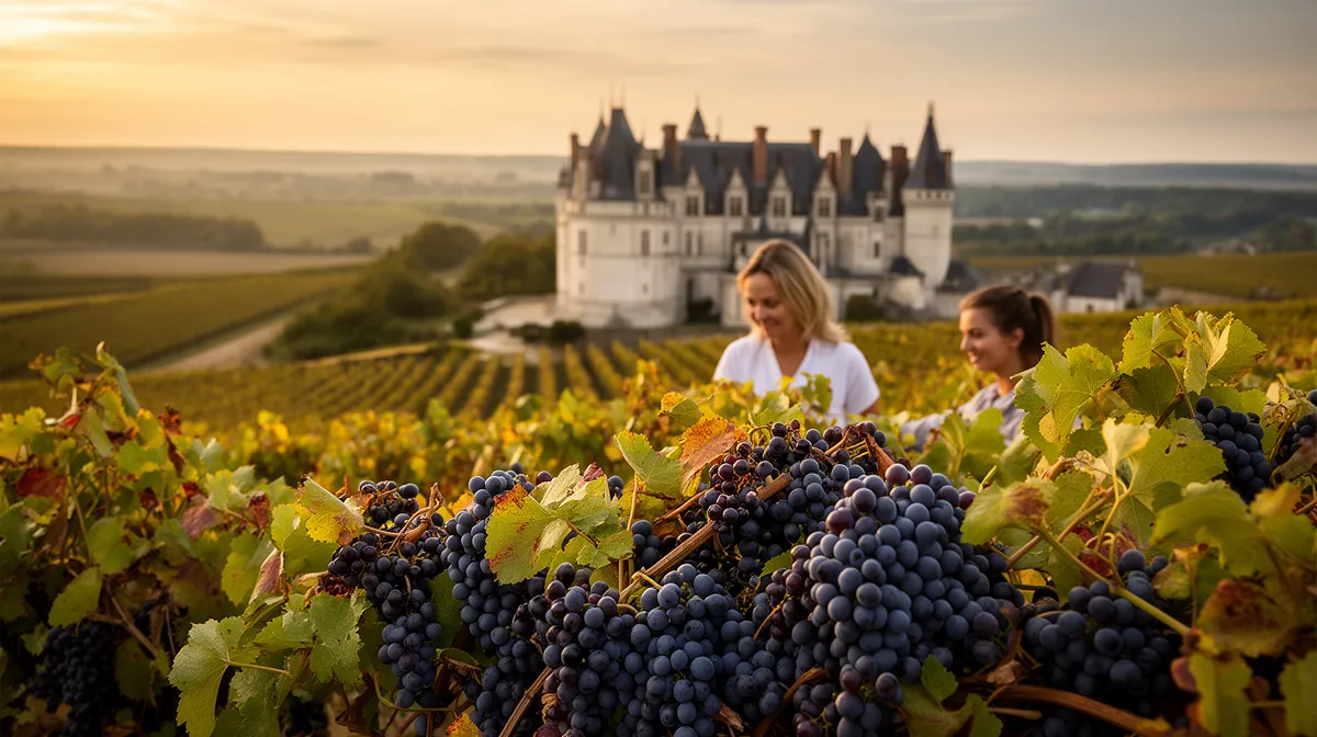"Vignes en Champagne avec grappes de raisin mûres, paysage vallonné et châteaux de champagne"