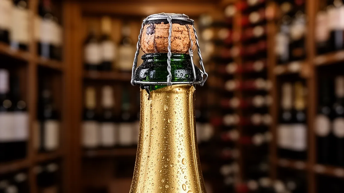 Bouteille de champagne avec gouttes de condensation dans un cellier de luxe