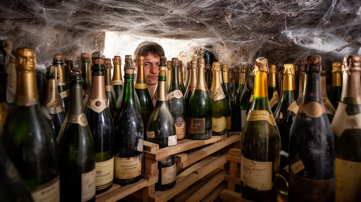 "Champagnes prestigieux en cellier, bouteilles alignées sur étagères en bois, lumière naturelle."

Let me know if you'd like 