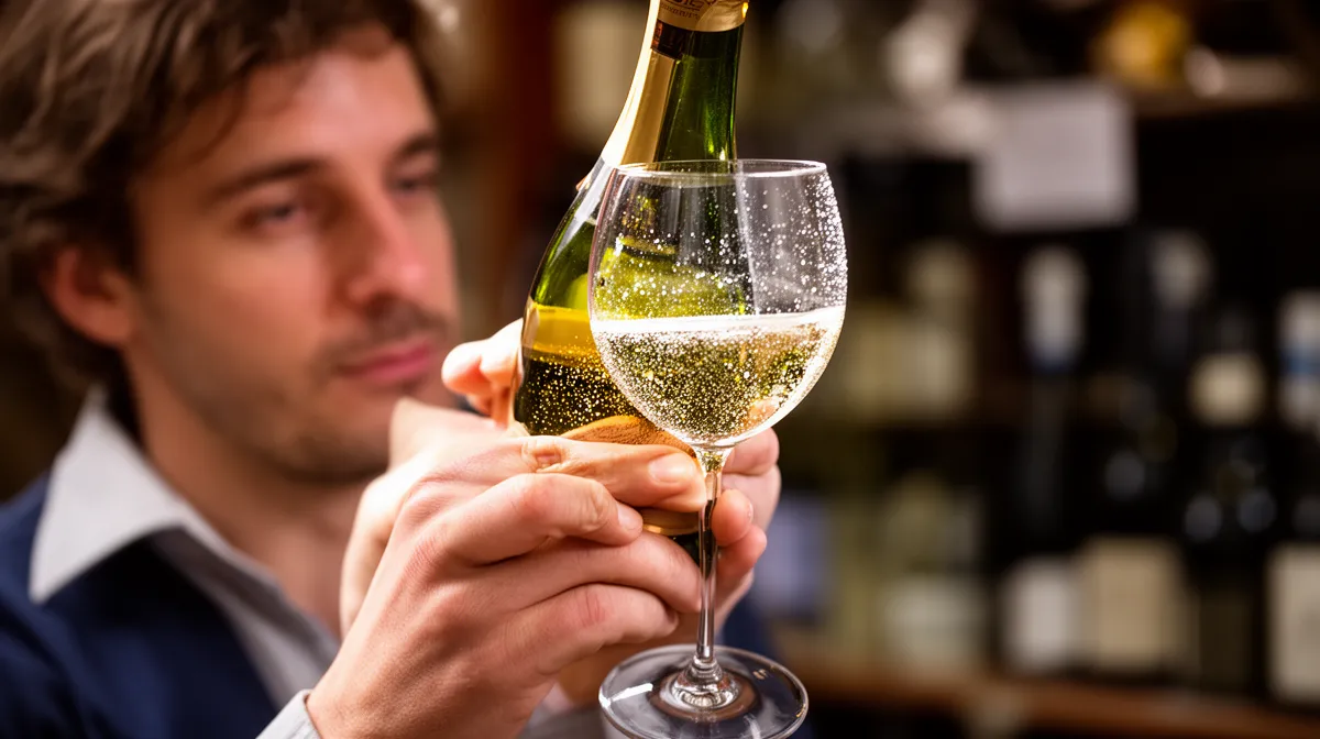 Négociant champagne examinant une bouteille de champagne