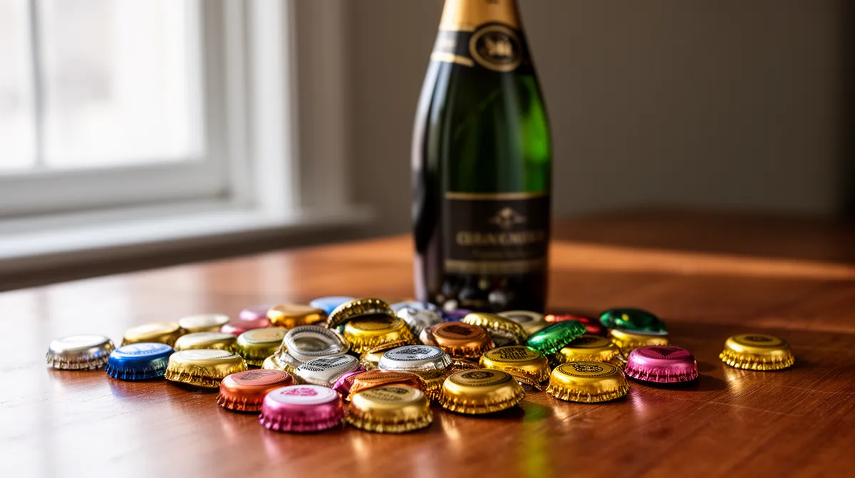 Capsules de champagnes sur une table en bois, bouteille en arrière-plan.