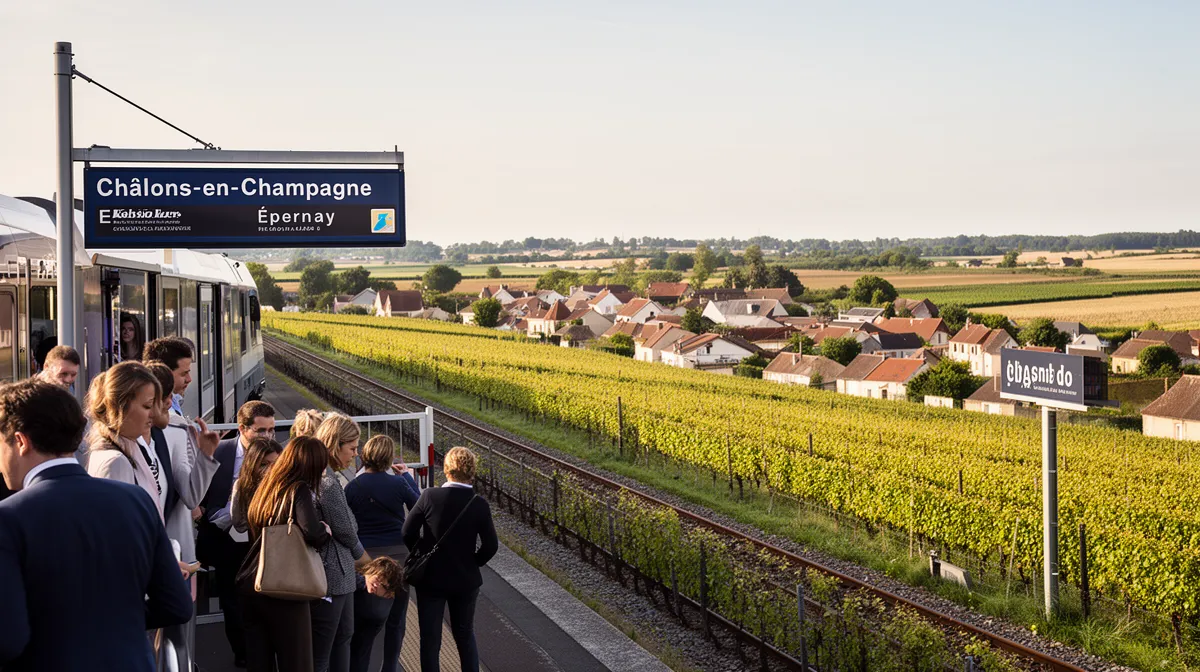 Train régional entre Épernay et Châlons-en-Champagne en gare, voyageurs en mouvement