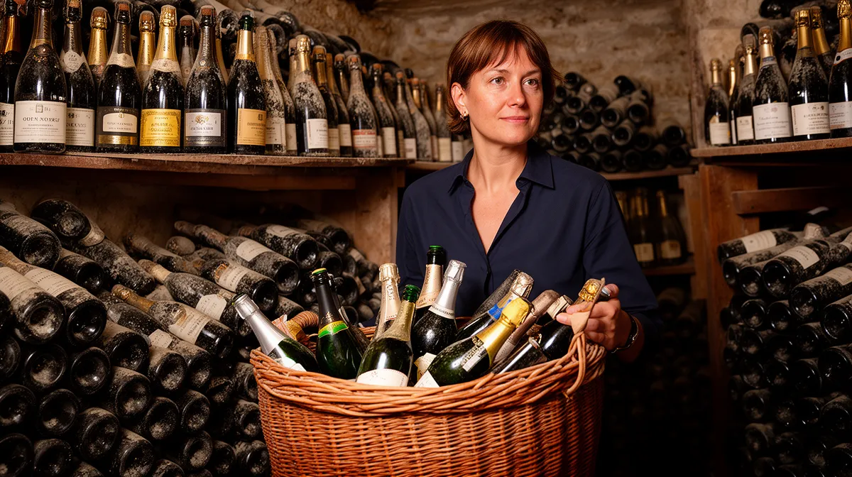 Tous les champagnes dans une cave traditionnelle, bouteilles alignées sur des étagères en bois.
