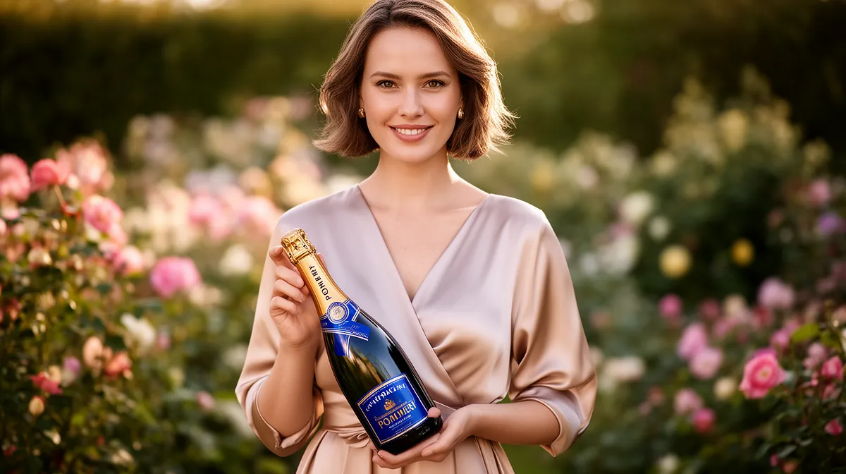 Femme élégante avec bouteille de champagne Pommery dans jardin luxuriant