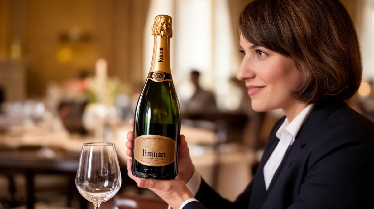 Bouteille de champagne Ruinart dans un cadre intimiste avec ambiance chaleureuse.