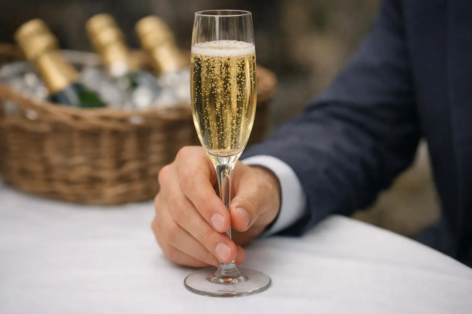 Flûte à champagne avec bulles, tenue par une main, sur fond de panier de bouteilles de champagne