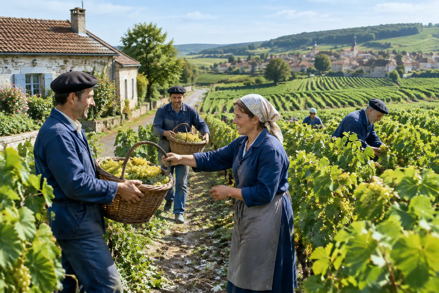 Vignoble champenois à Romery, rangées de vignes et vignerons avec paniers de raisin sous lumière naturelle.