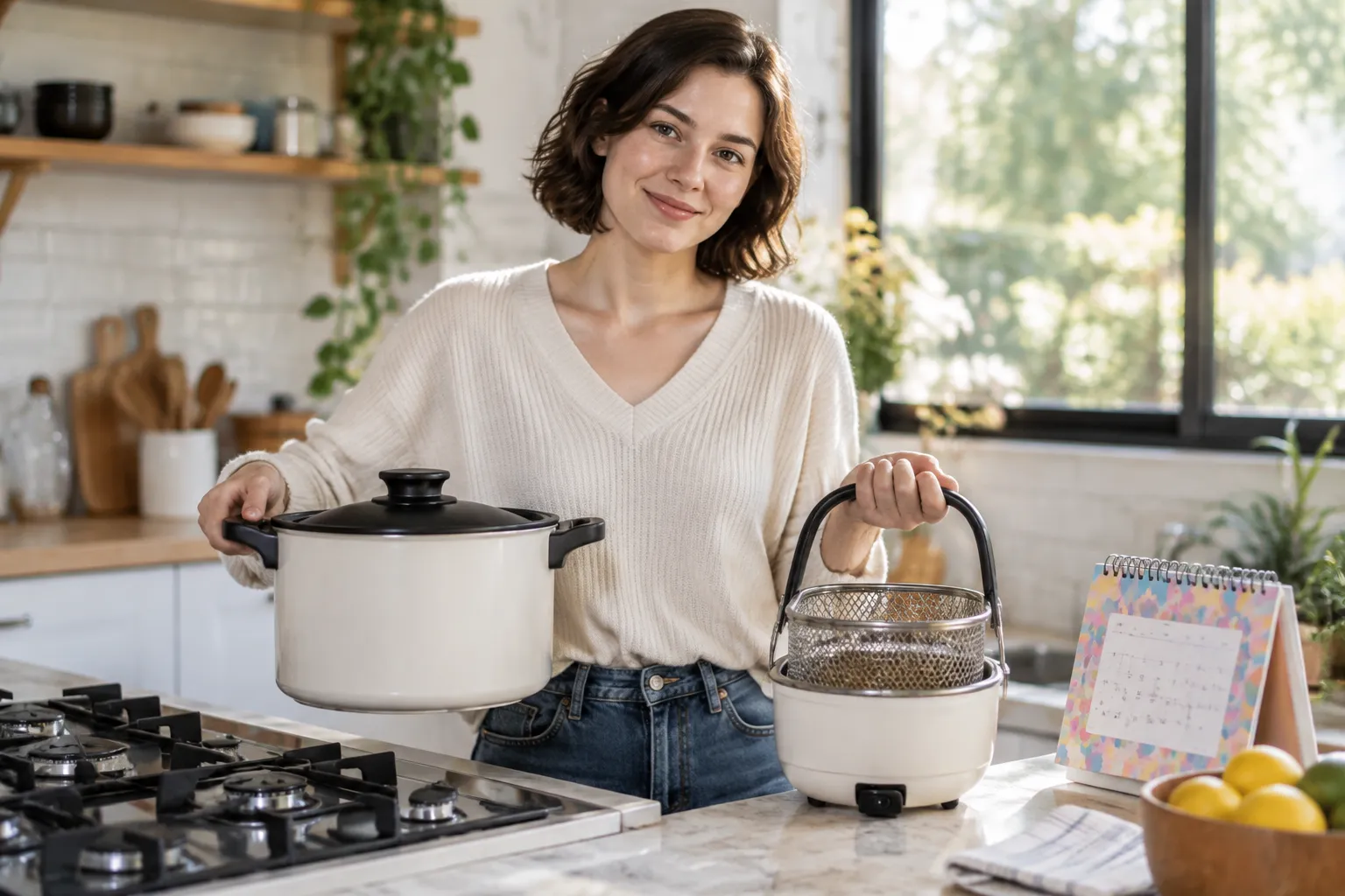 Femme comparant cuisinière à gaz et électrique devant calendrier mensuel.