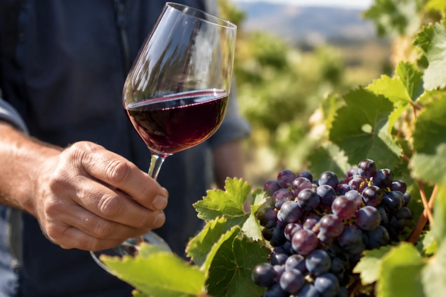Main de vigneron tenant un verre de Châteauneuf‑du‑Pape, raisins Mourvèdre en gros plan.