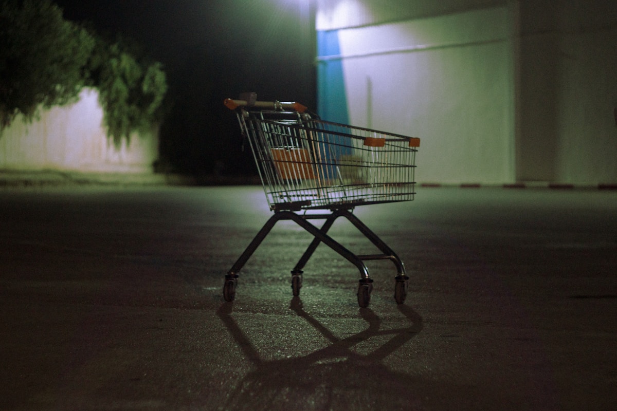Chariot d'épicerie abandonné dans un environnement sombre et mystérieux.