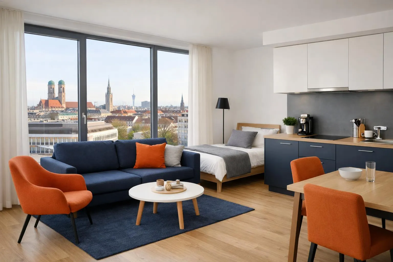 Moderne, helle Wohnung mit Blick auf die Münchner Skyline.