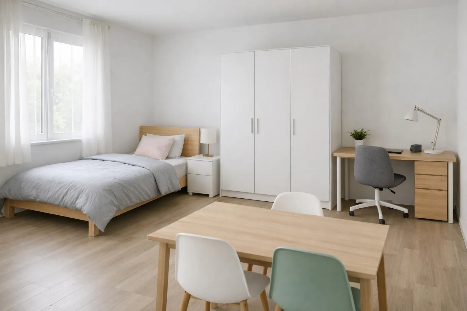 Helles, modernes Schlafzimmer mit Bett, Schrank und Schreibtisch.