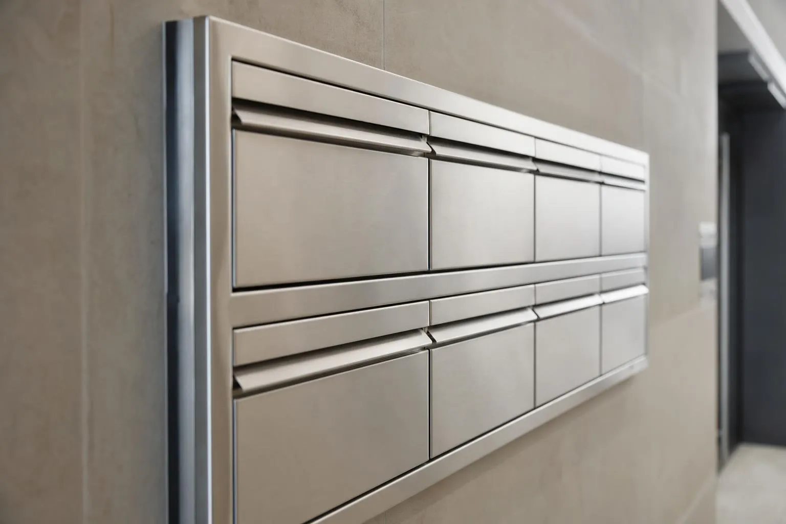 Meuble de rangement moderne en métal gris avec plusieurs tiroirs.