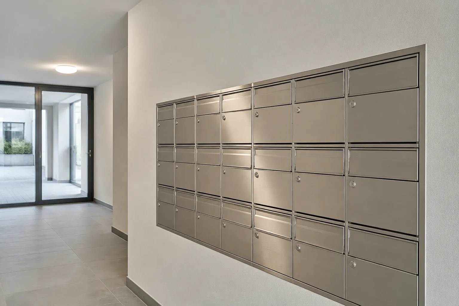 Rangée de boîtes aux lettres métalliques dans un couloir moderne.