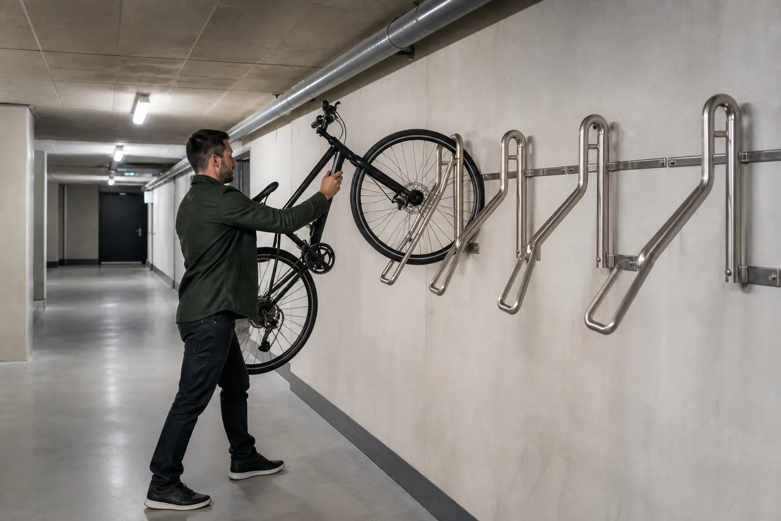 Homme accrochant un vélo sur un support mural dans un couloir.