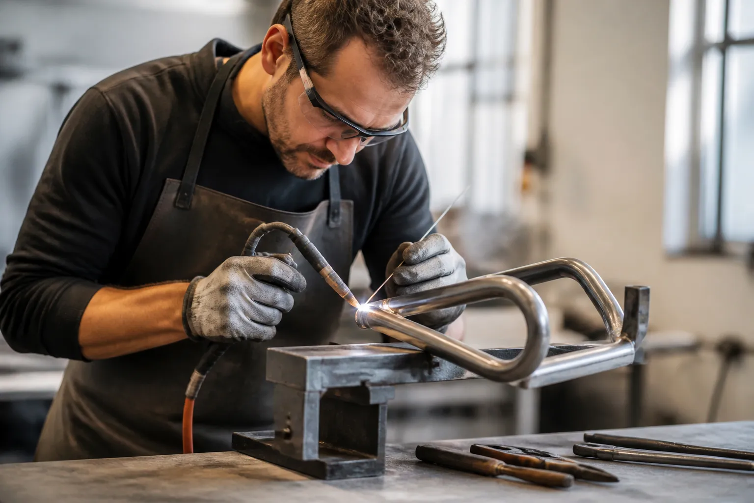 Un homme soudant une structure métallique dans un atelier.
