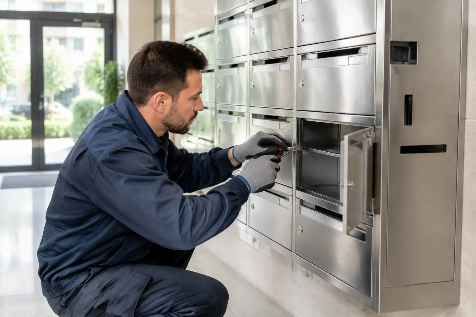 Technicien réparant une boîte aux lettres avec un tournevis.