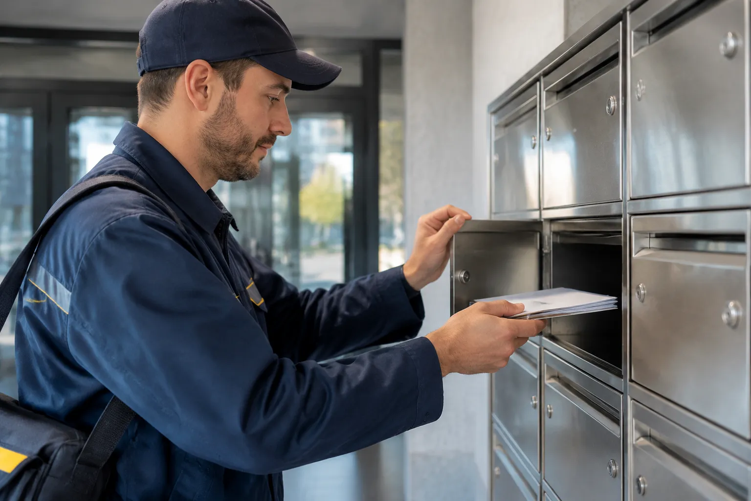 Livreur déposant des enveloppes dans une boîte aux lettres collective