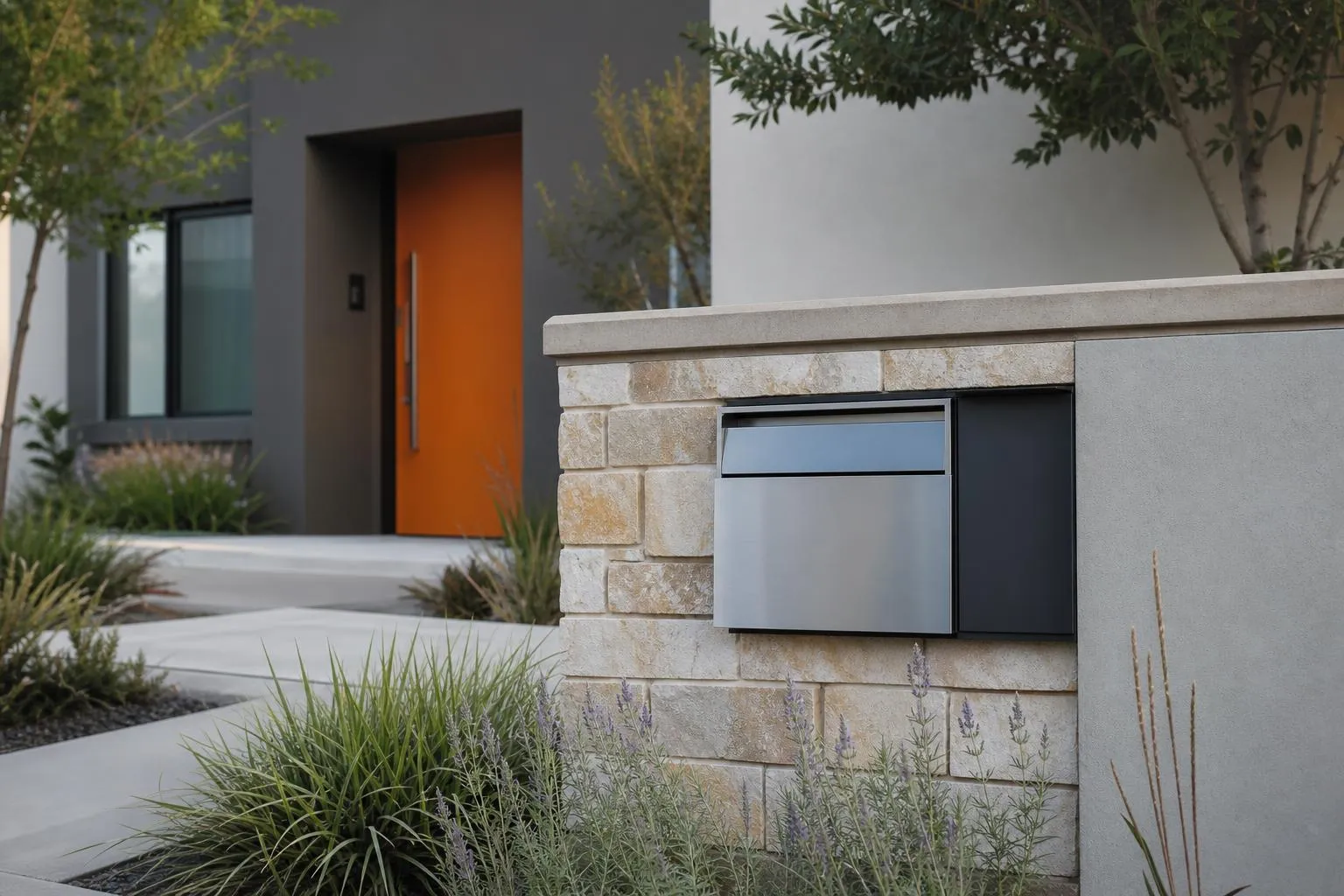 Maison moderne avec porte d'entrée orange, boîte aux lettres grise et végétation luxuriante.