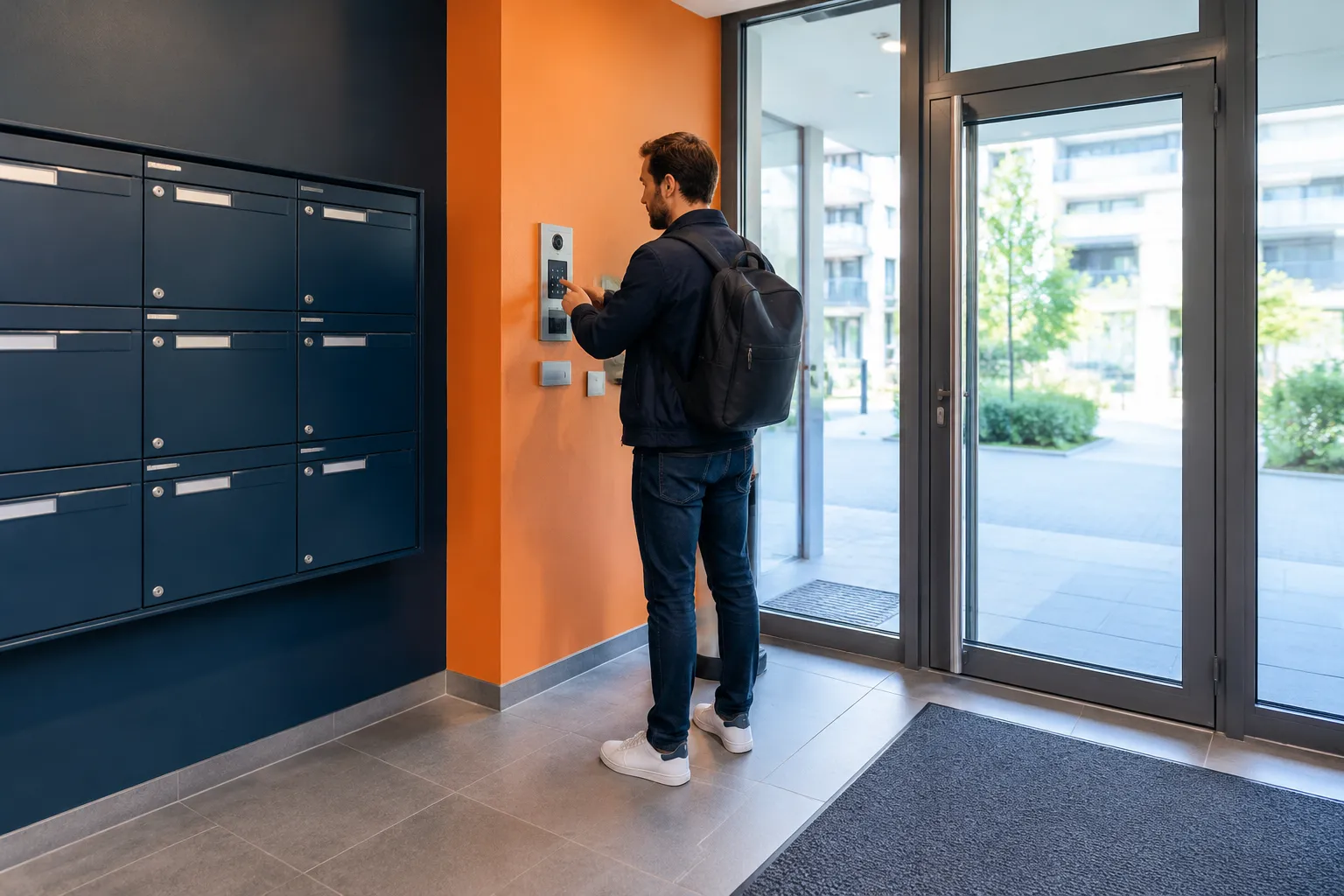 Homme avec sac à dos utilisant l’interphone d’un immeuble moderne