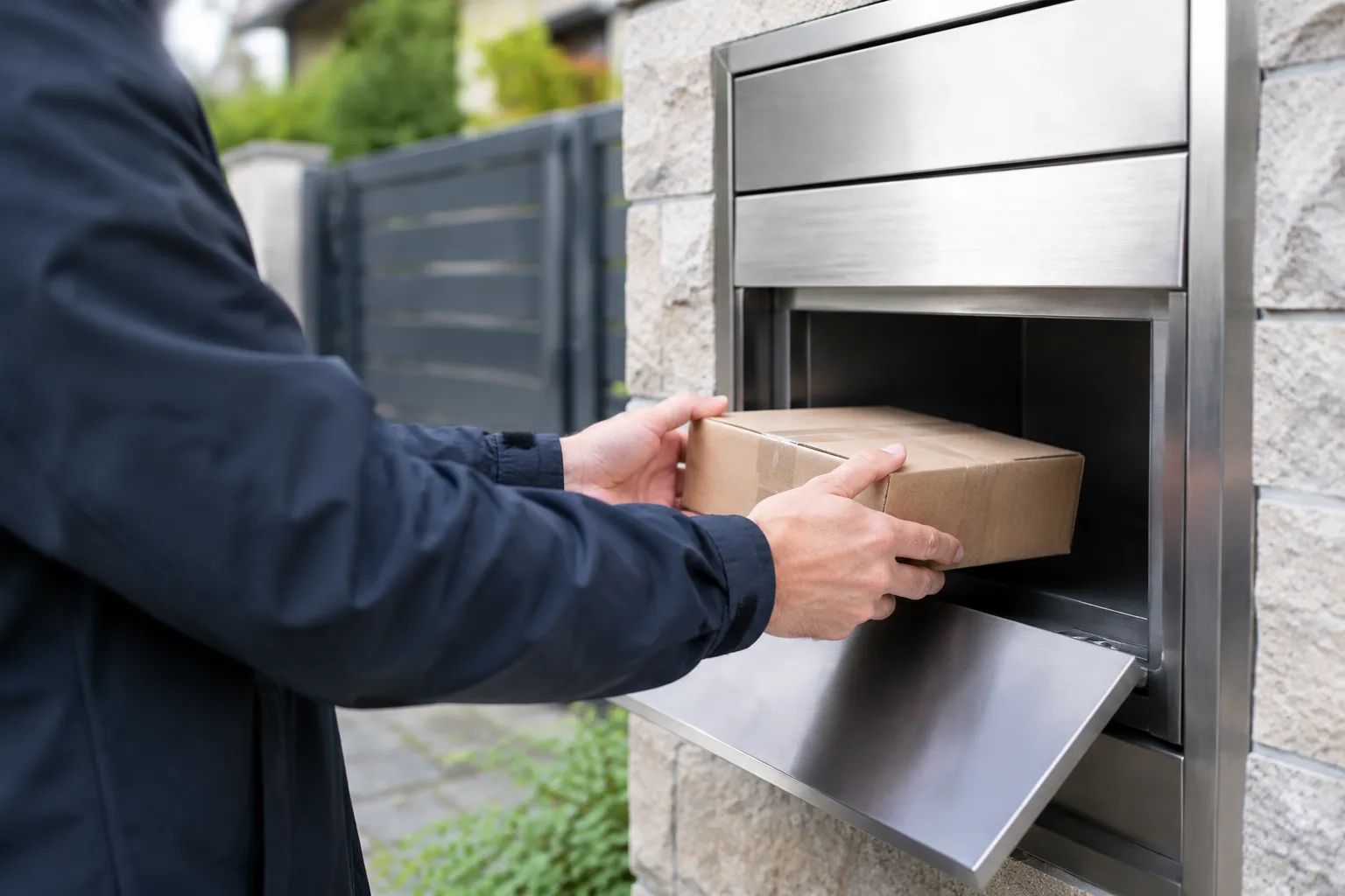 Livreur déposant un colis dans une boîte aux lettres murale