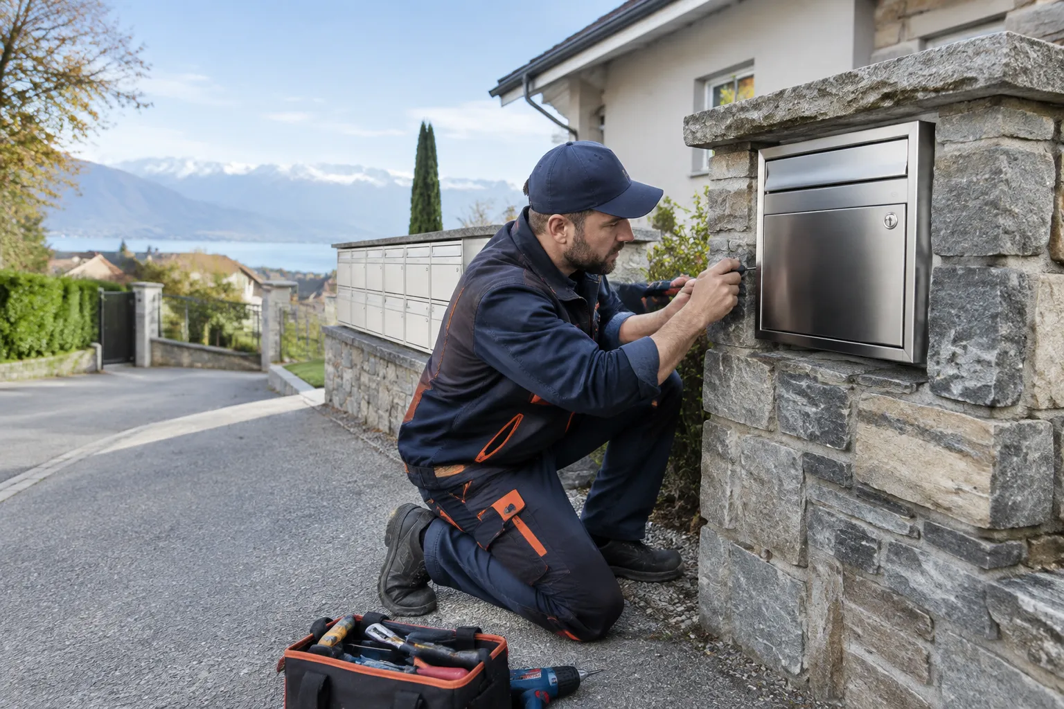 Facteur réparant une boîte aux lettres encastrée en pierre