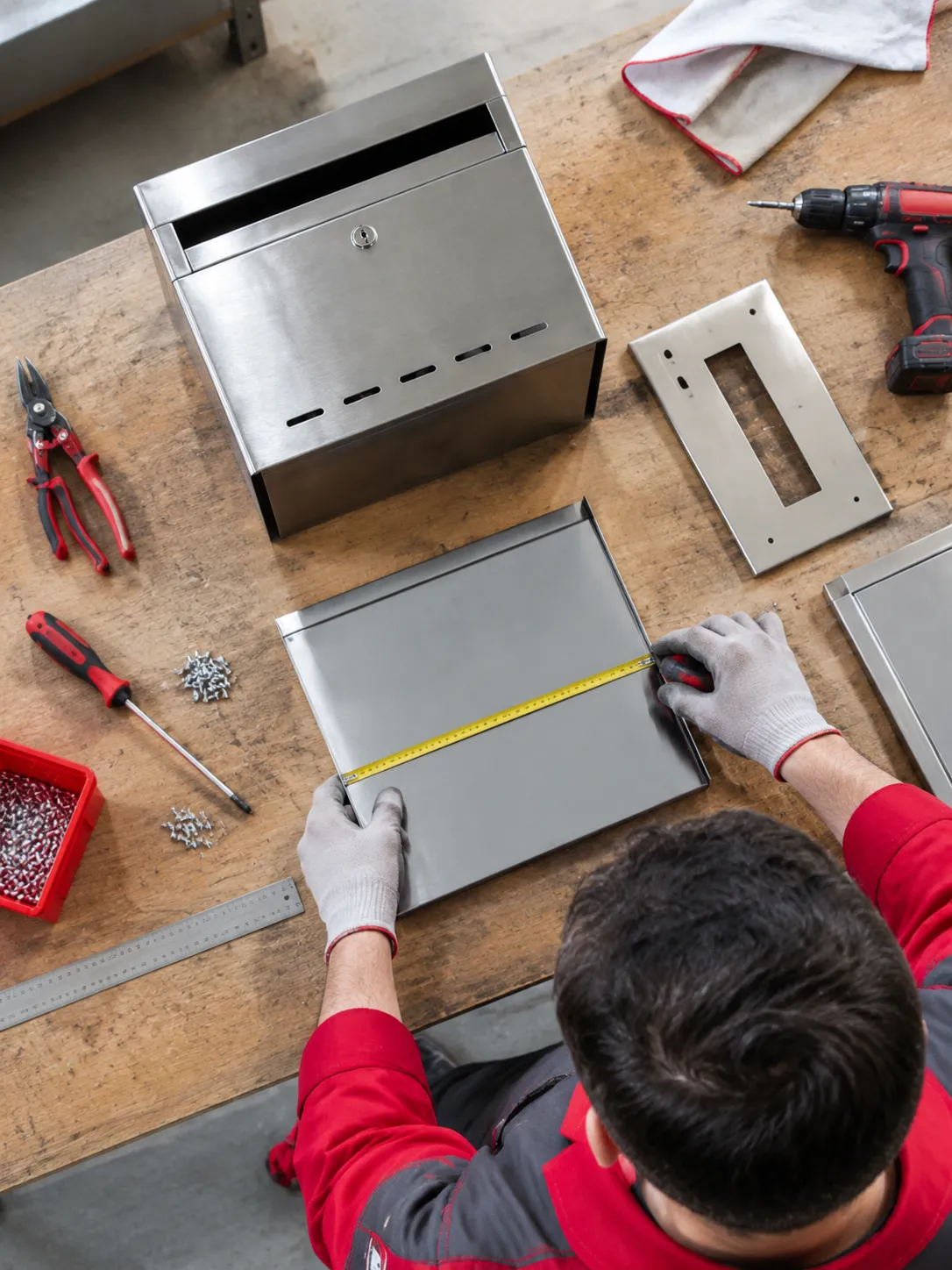 Assemblage d’une boîte métallique avec outils sur établi.