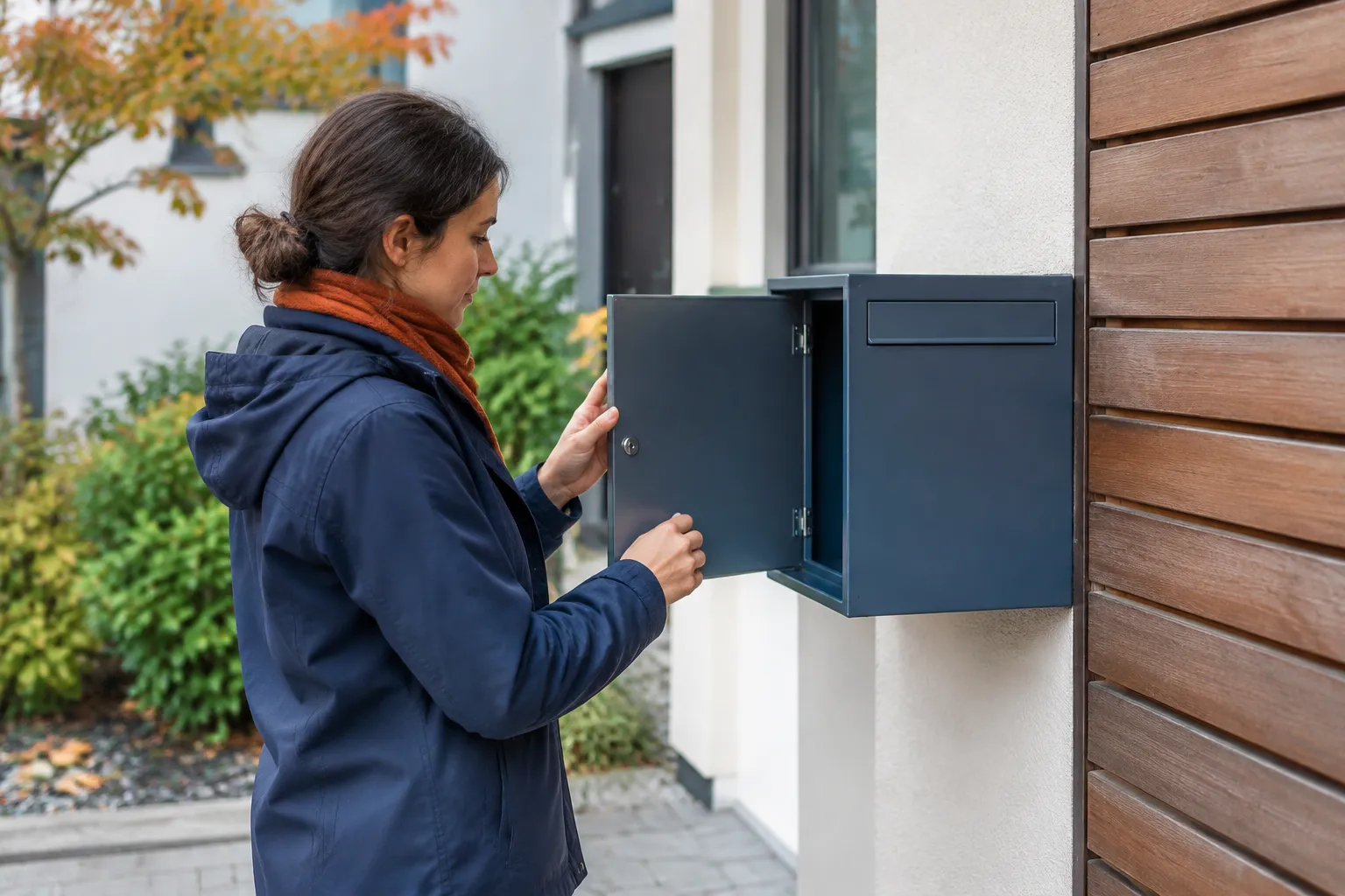 Femme ouvrant une boîte aux lettres murale bleue résidentielle