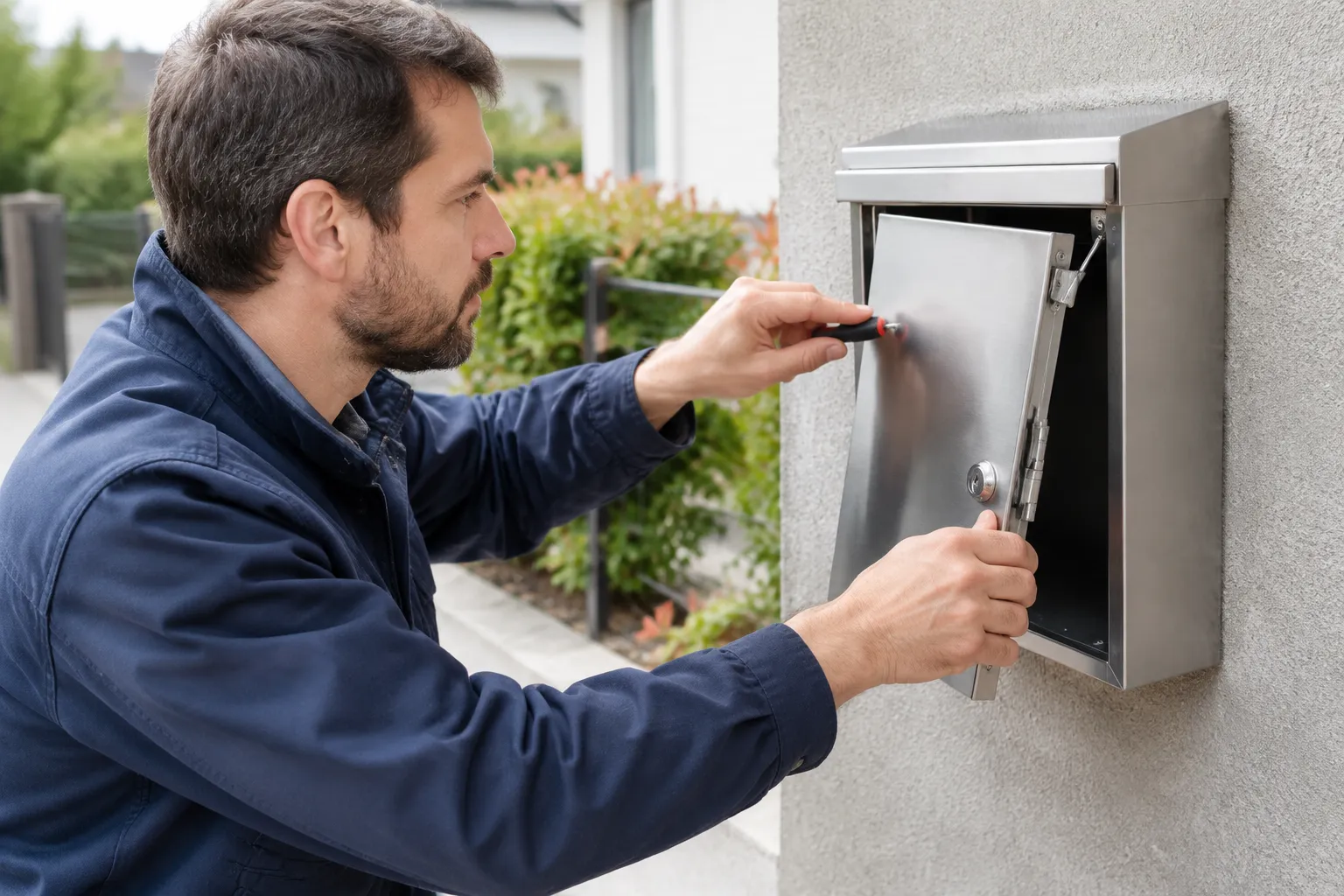 Technicien réparant une boîte aux lettres murale avec un tournevis