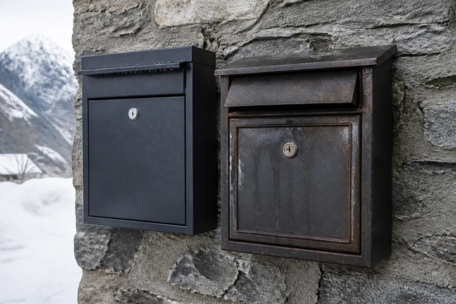 Boîtes aux lettres noires sur un mur de pierre grise.
