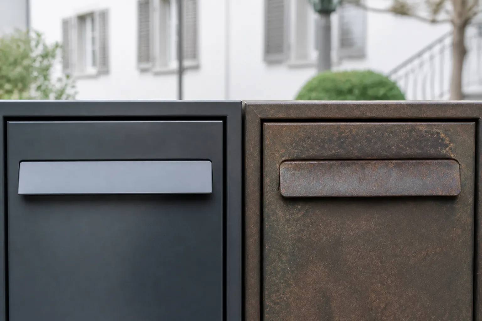Boîte aux lettres noire et métallique dans un environnement urbain.