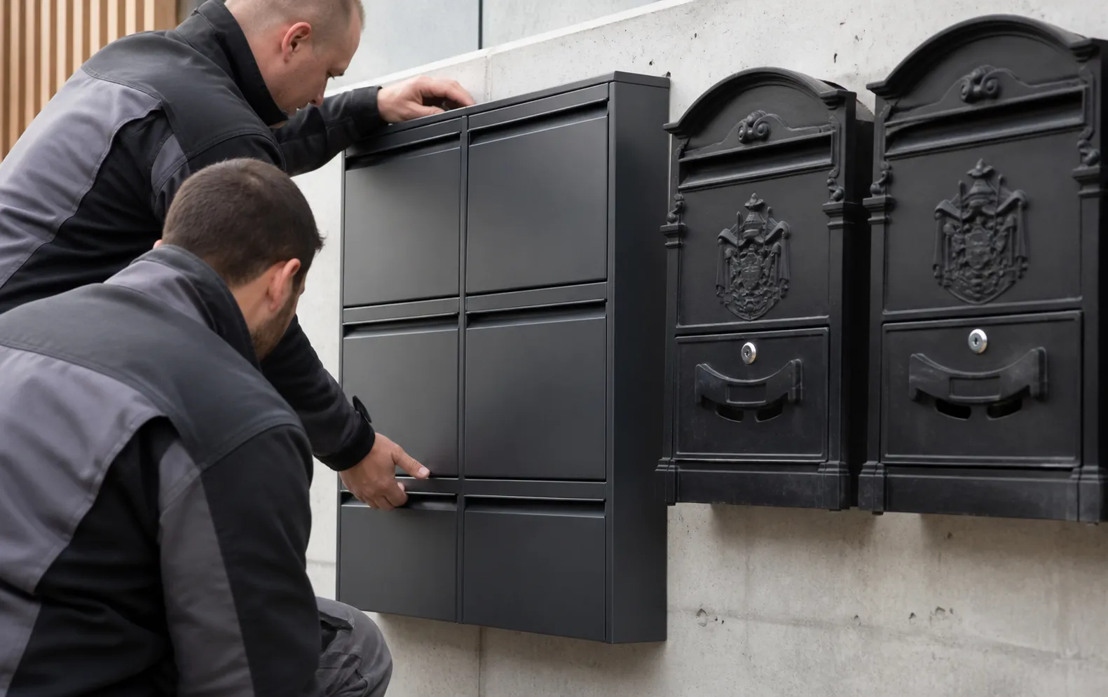 Deux hommes installant des boîtes aux lettres noires décorées.