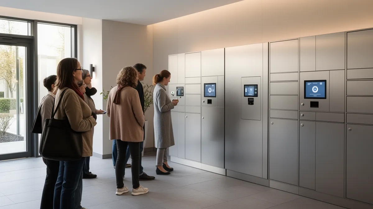 Groupe de personnes utilisant des casiers électroniques dans un hall d'entrée.