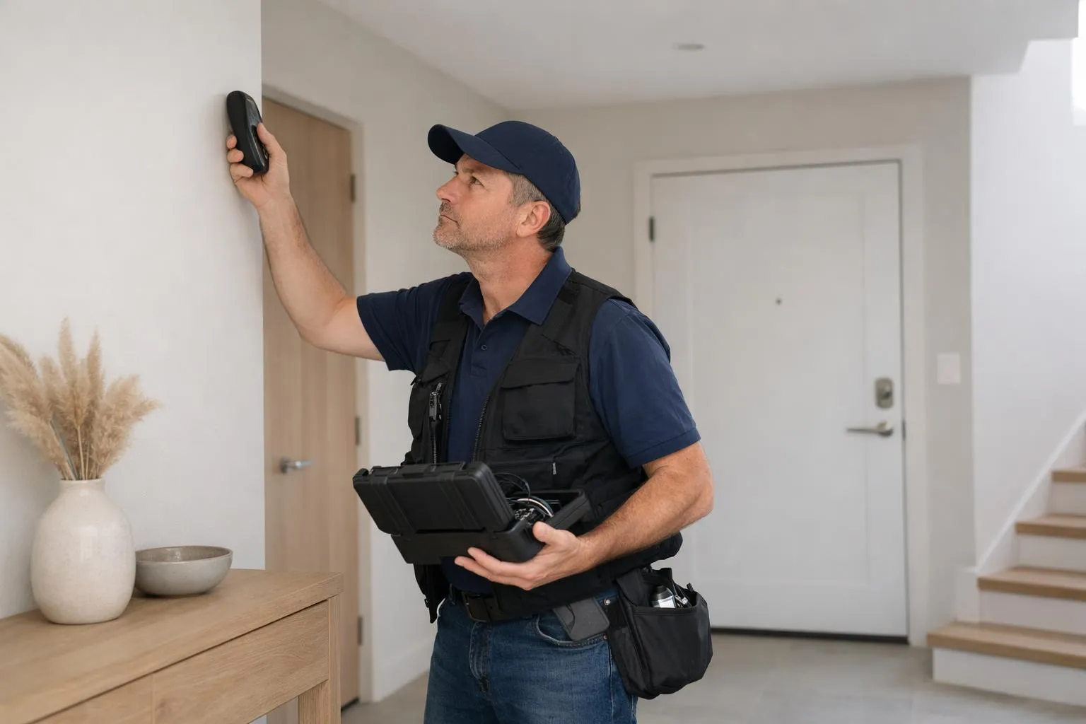 Homme en uniforme de sécurité inspecte l'intérieur d'un appartement.