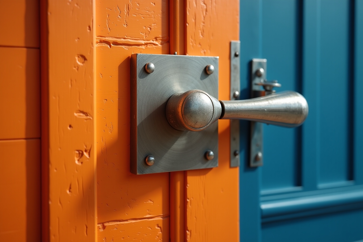Porte en bois orange avec poignée en métal argenté.