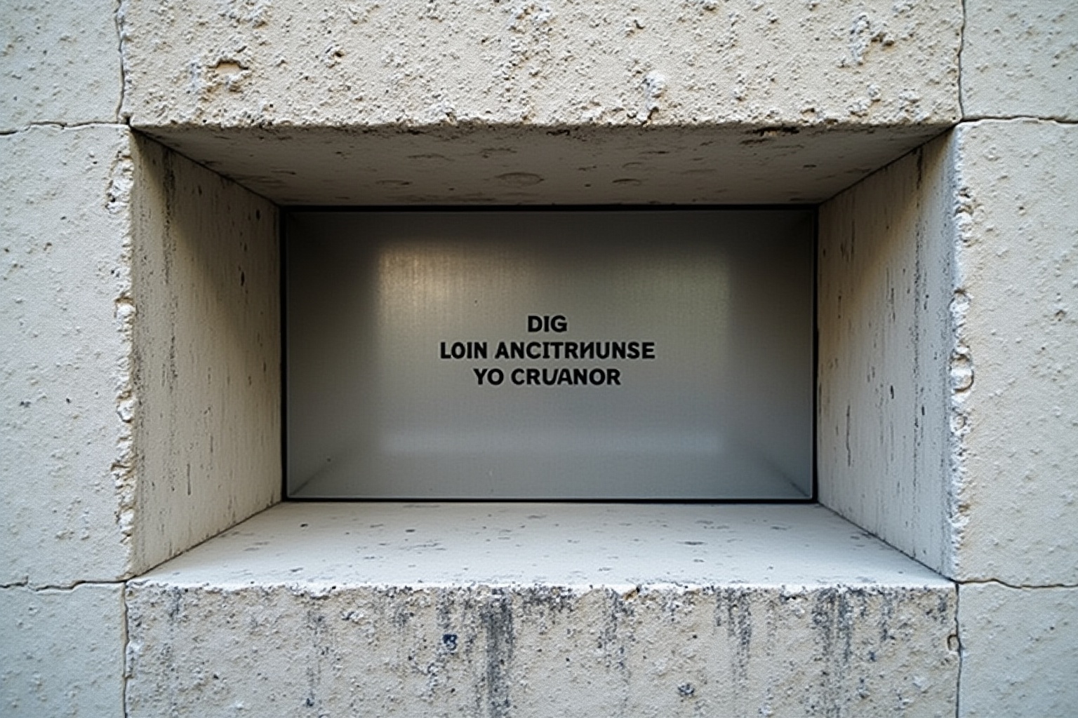 Niche murale avec texte "Dig loin ancitrunse yo cruanor".