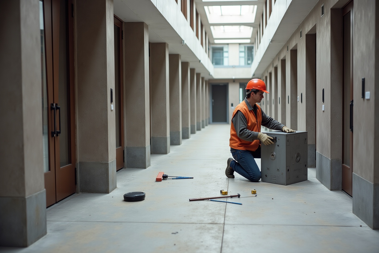Couloir de construction avec ouvrier en casque orange réparant un équipement.