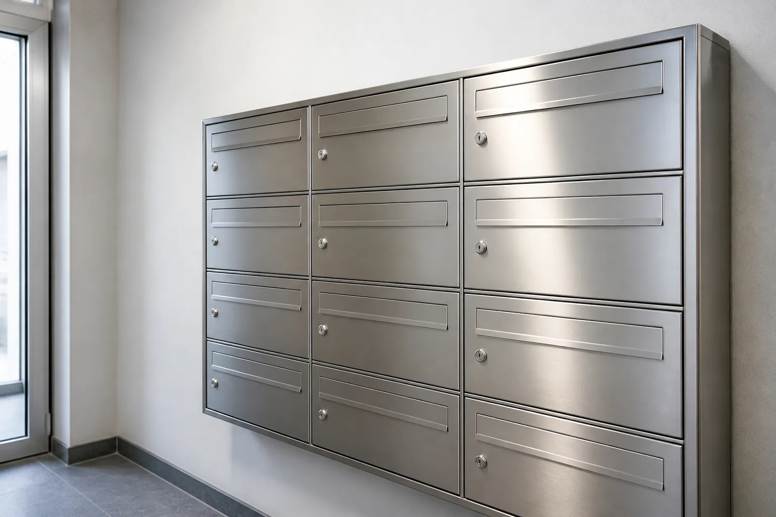 Boîtes aux lettres en métal gris dans un couloir.
