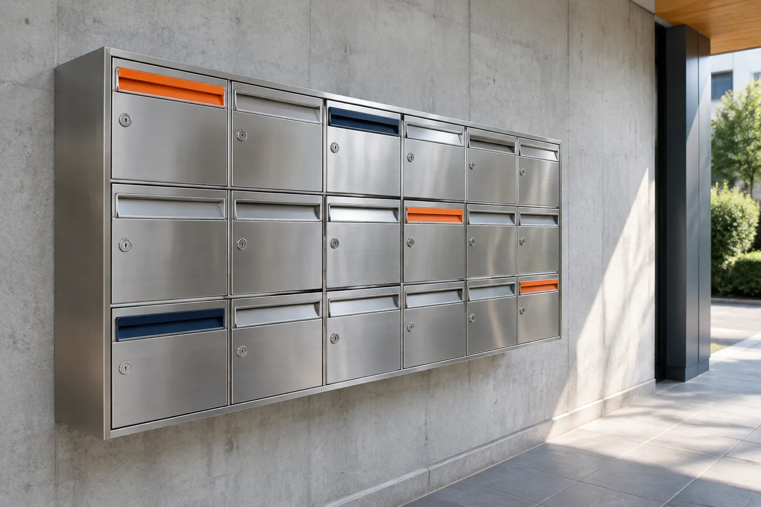 Boîte aux lettres murale en acier avec compartiments colorés