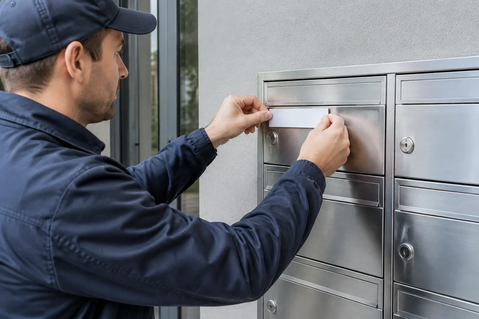 Facteur déposant une lettre dans une boîte aux lettres métallique