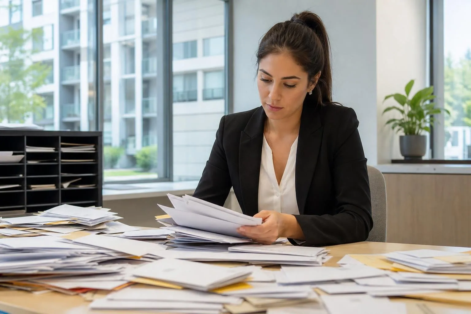 Femme d'affaires concentrée examinant des documents dans un bureau.