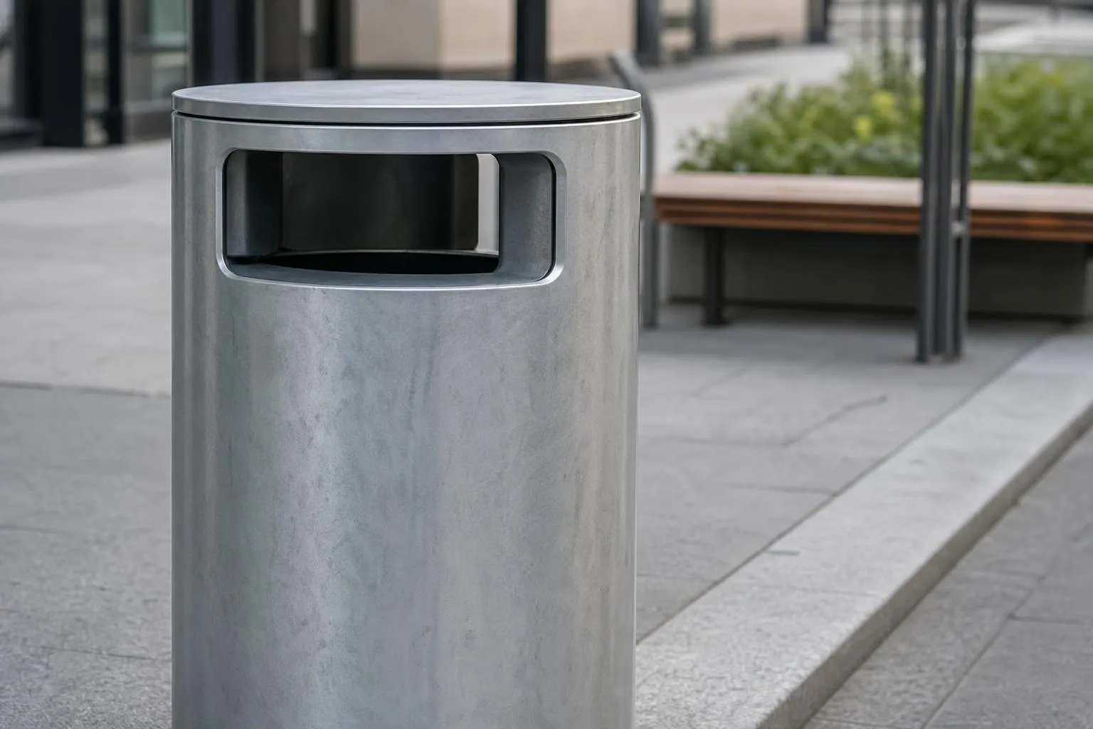 Poubelle grise en métal avec ouverture pour déchets.